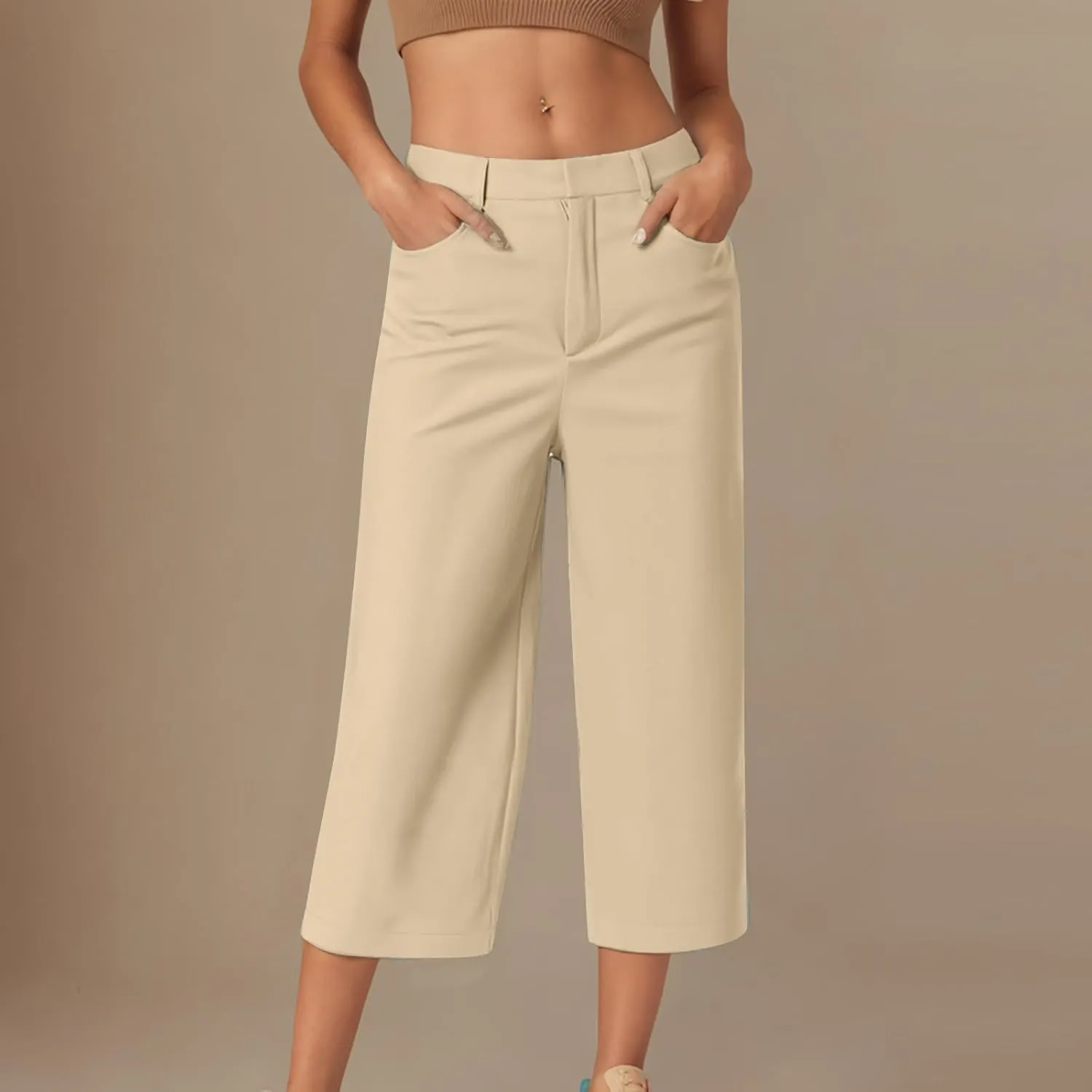Womens Capri Pants Straight Leg Pants Business Casual Loose Capris Tailored Cropped Trousers for Work