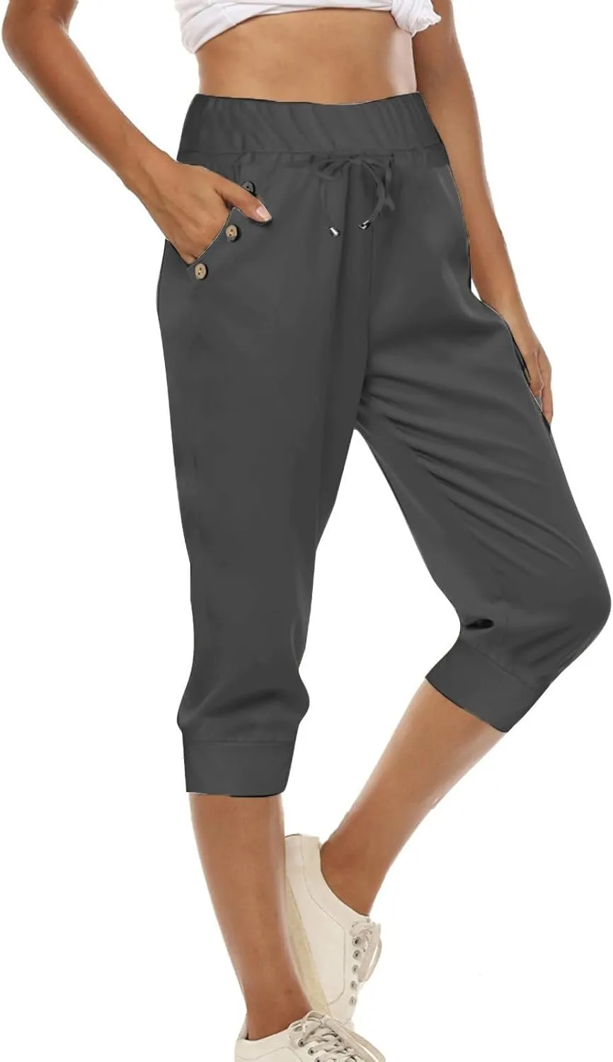 Womens Capris for Summer Lightweight Yoga Capris Pants with Pockets Stretch Drawstring High Waisted Pant