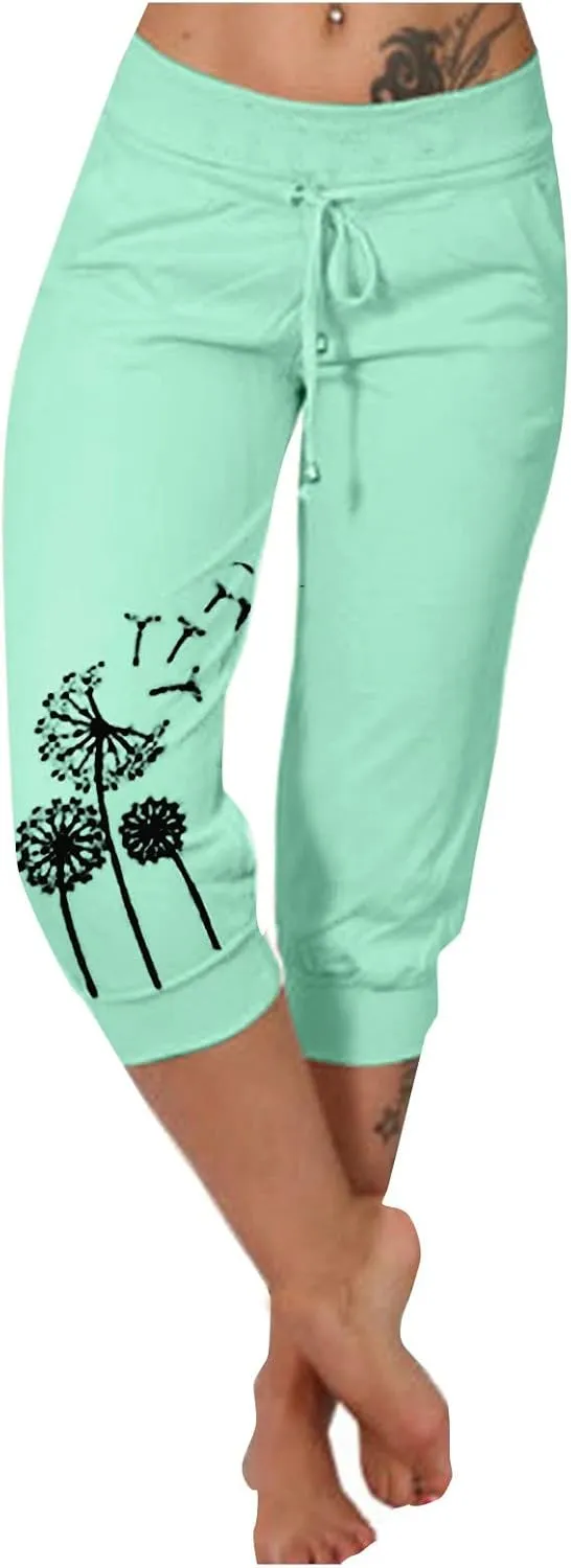 Womens Capris for Summer Lightweight Yoga Capris Pants with Pockets Stretch Drawstring High Waisted Pant