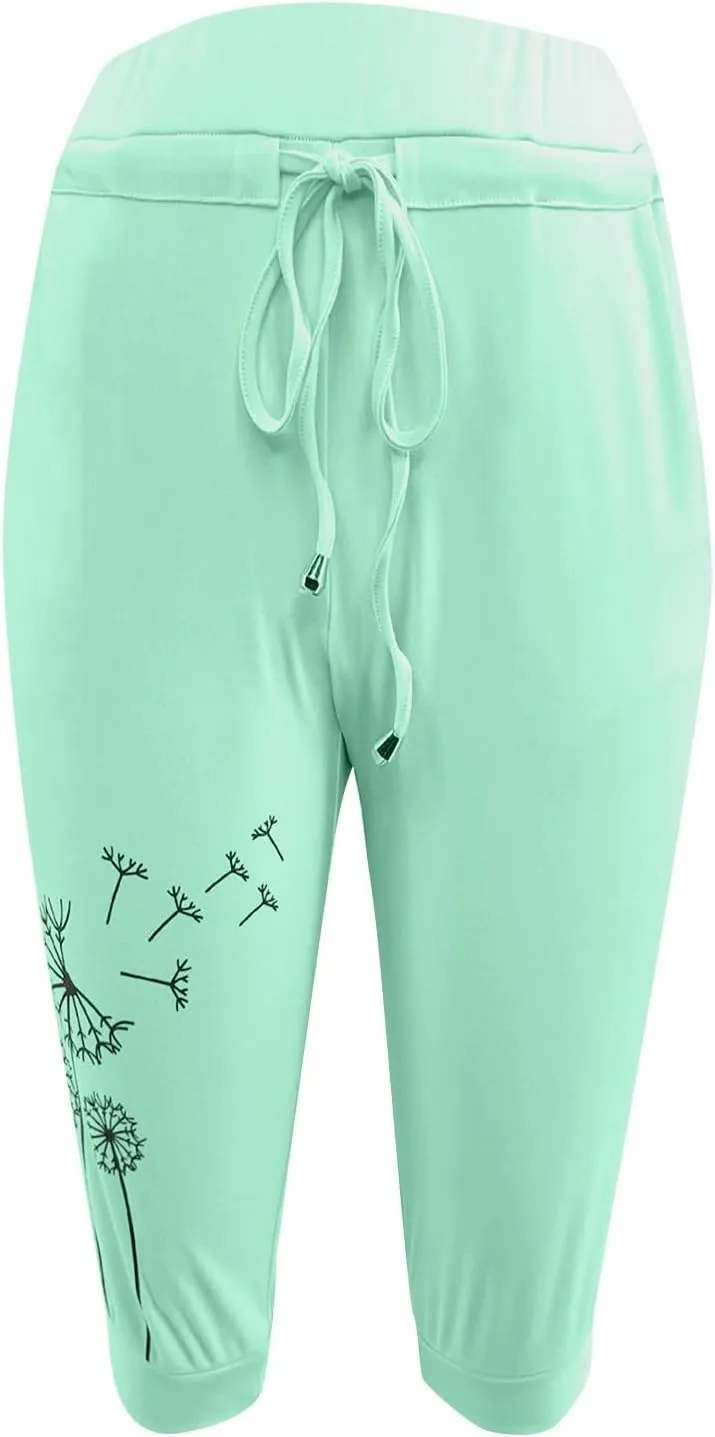 Womens Capris for Summer Lightweight Yoga Capris Pants with Pockets Stretch Drawstring High Waisted Pant