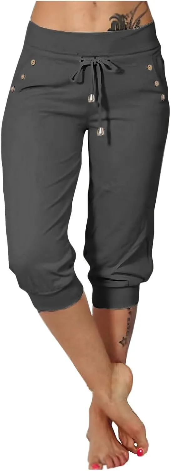 Womens Capris for Summer Lightweight Yoga Capris Pants with Pockets Stretch Drawstring High Waisted Pant