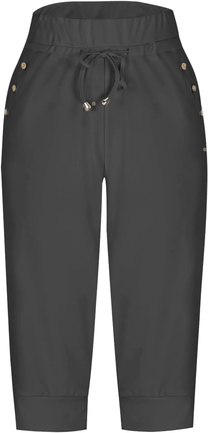 Womens Capris for Summer Lightweight Yoga Capris Pants with Pockets Stretch Drawstring High Waisted Pant