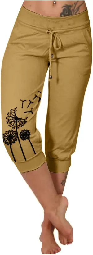 Womens Capris for Summer Lightweight Yoga Capris Pants with Pockets Stretch Drawstring High Waisted Pant