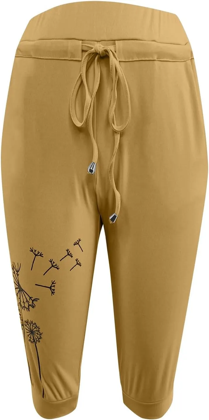 Womens Capris for Summer Lightweight Yoga Capris Pants with Pockets Stretch Drawstring High Waisted Pant