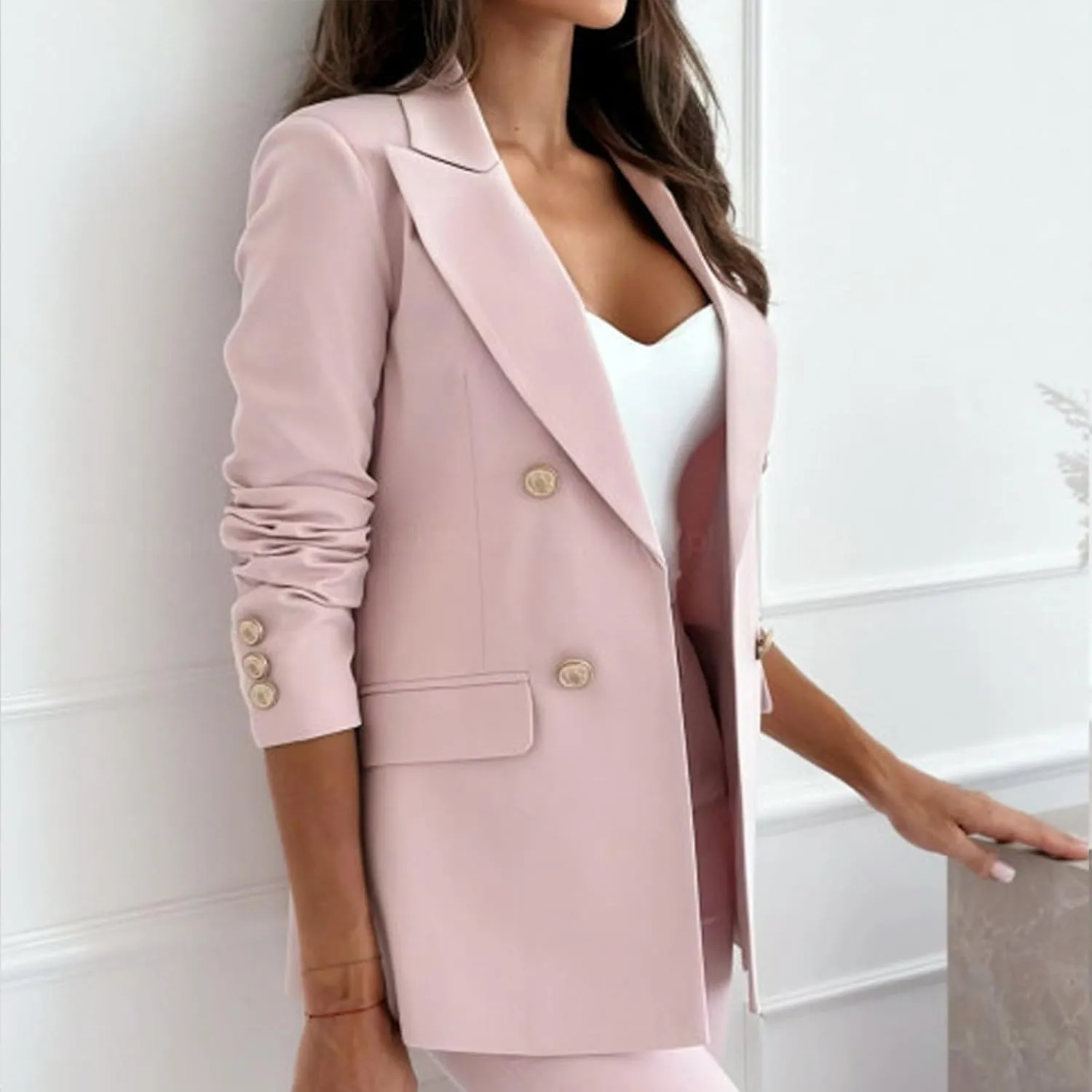 Womens Casual Blazer Jacket Double Breasted Long Sleeve Work Office Blazer Lapel Open Front Jacket Coat for Women