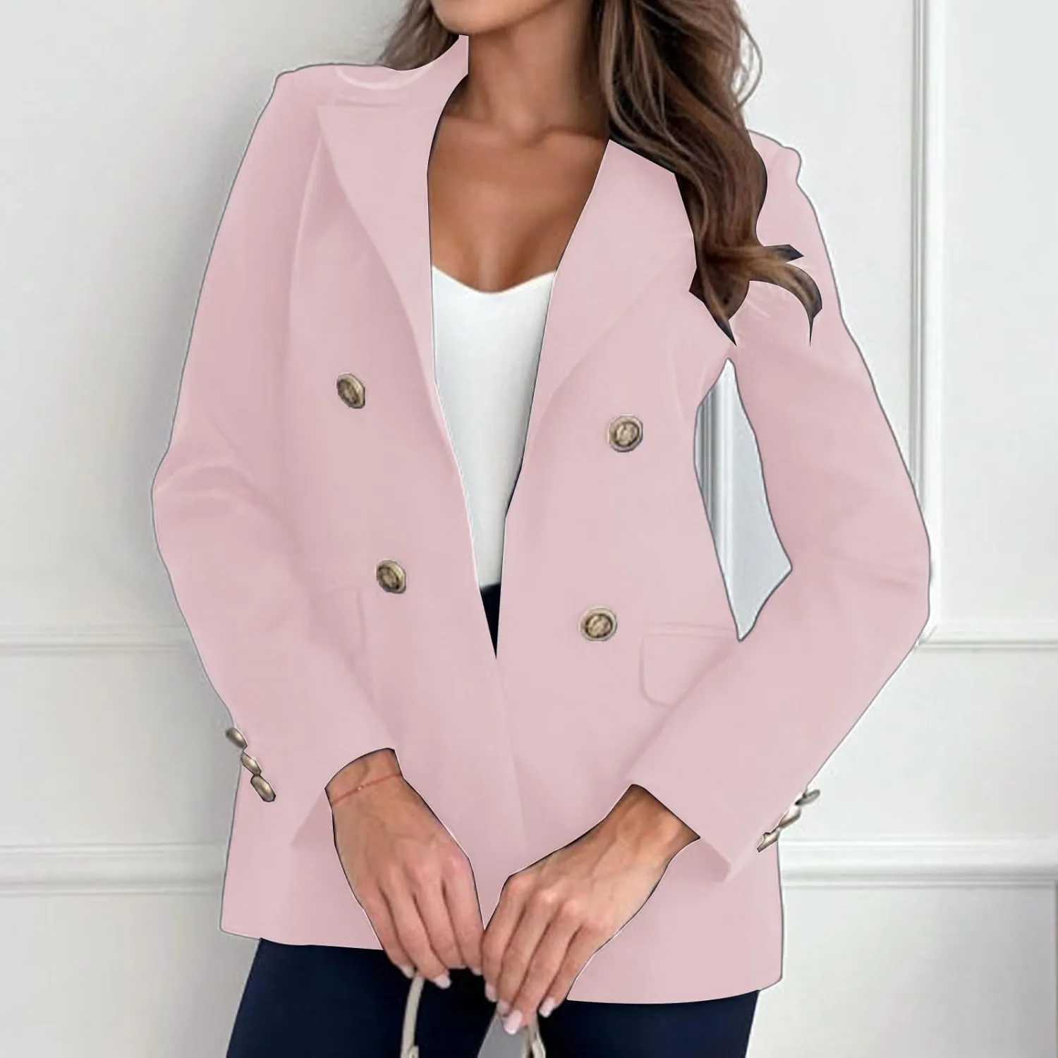 Womens Casual Blazer Jacket Double Breasted Long Sleeve Work Office Blazer Lapel Open Front Jacket Coat for Women