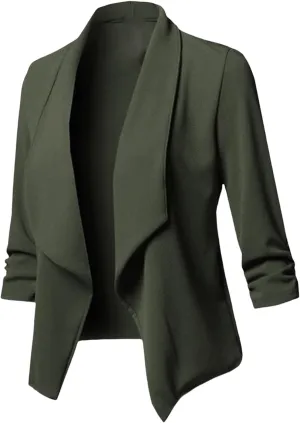 Womens Casual Blazers Stretch 3/4 Gathered Sleeve Blazer Jacket Open Front Cardigan Jacket Work Office Blazer