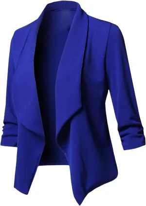 Womens Casual Blazers Stretch 3/4 Gathered Sleeve Blazer Jacket Open Front Cardigan Jacket Work Office Blazer