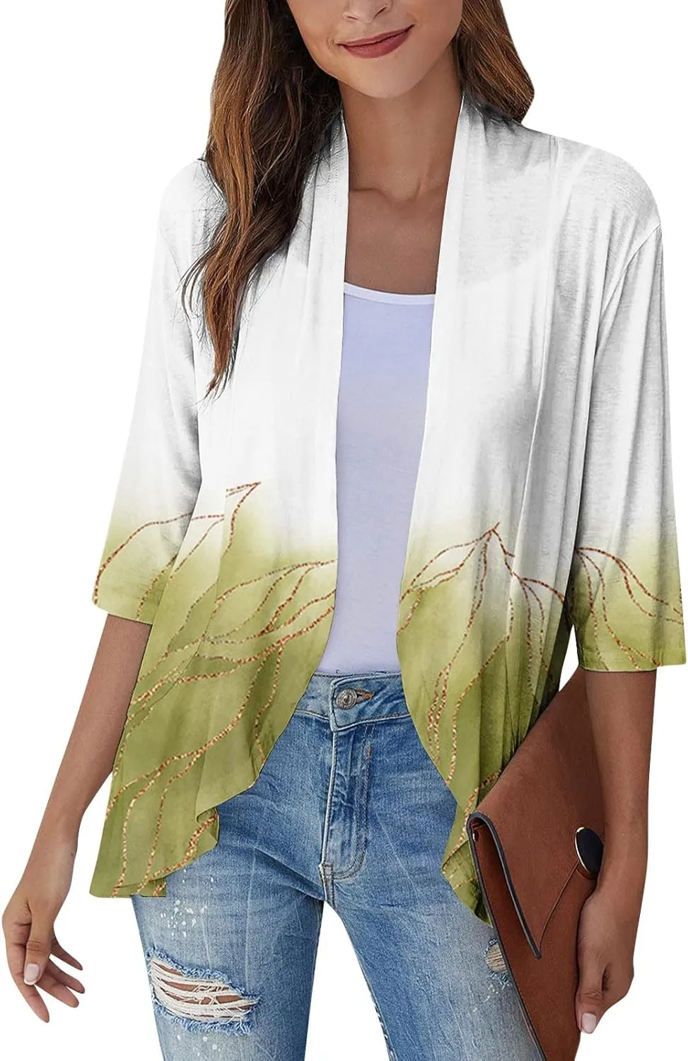 Womens Casual Lightweight Draped Ruffles Cardigans with Pockets 3/4 Sleeve Open Front Dusters