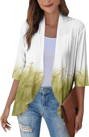 Womens Casual Lightweight Draped Ruffles Cardigans with Pockets 3/4 Sleeve Open Front Dusters
