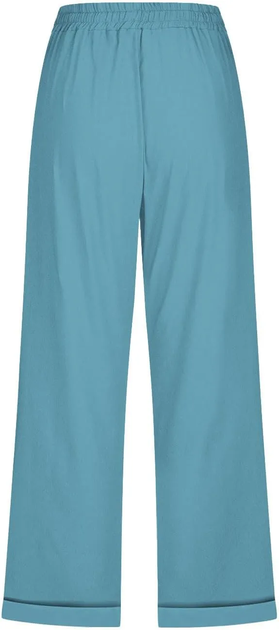 Womens Comfortable Capri Pants with Pockets and Drawstring Waist, Casual Loose Fit Cropped Cargo Trousers for Summer