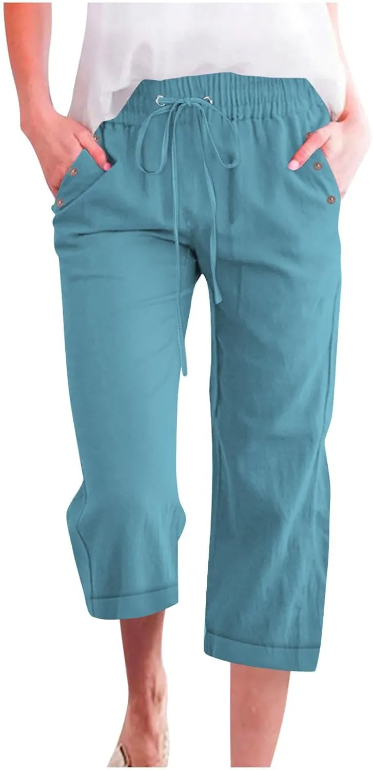 Womens Comfortable Capri Pants with Pockets and Drawstring Waist, Casual Loose Fit Cropped Cargo Trousers for Summer