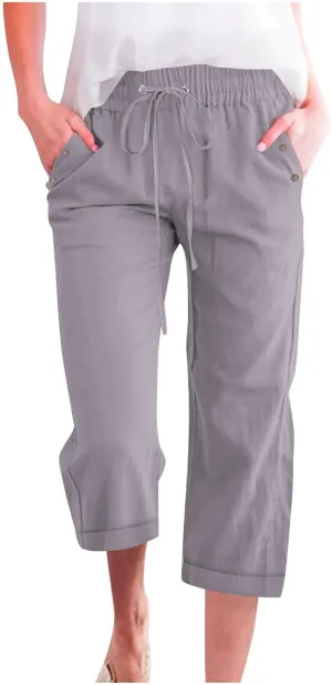 Womens Comfortable Capri Pants with Pockets and Drawstring Waist, Casual Loose Fit Cropped Cargo Trousers for Summer