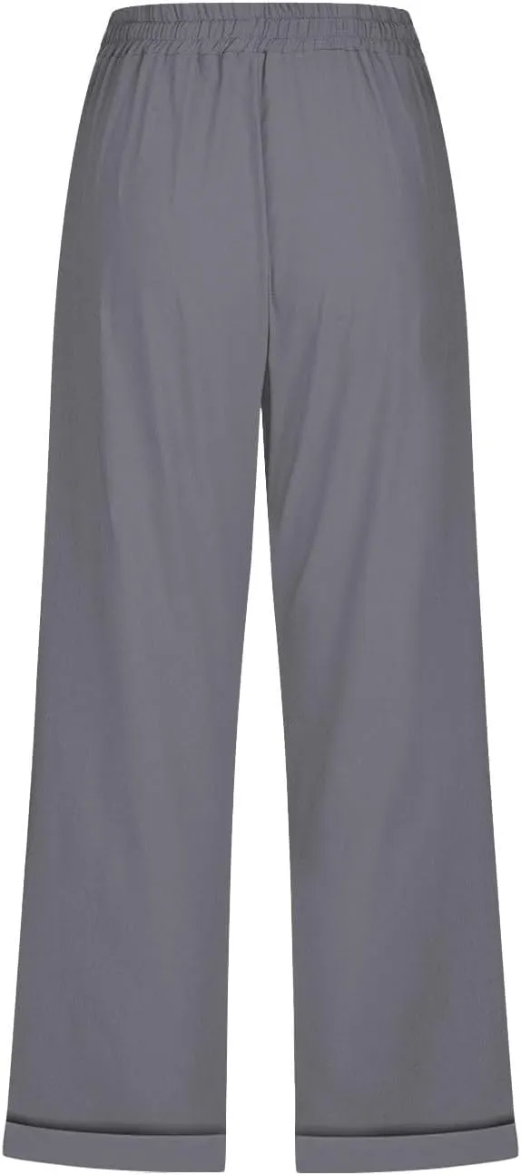 Womens Comfortable Capri Pants with Pockets and Drawstring Waist, Casual Loose Fit Cropped Cargo Trousers for Summer