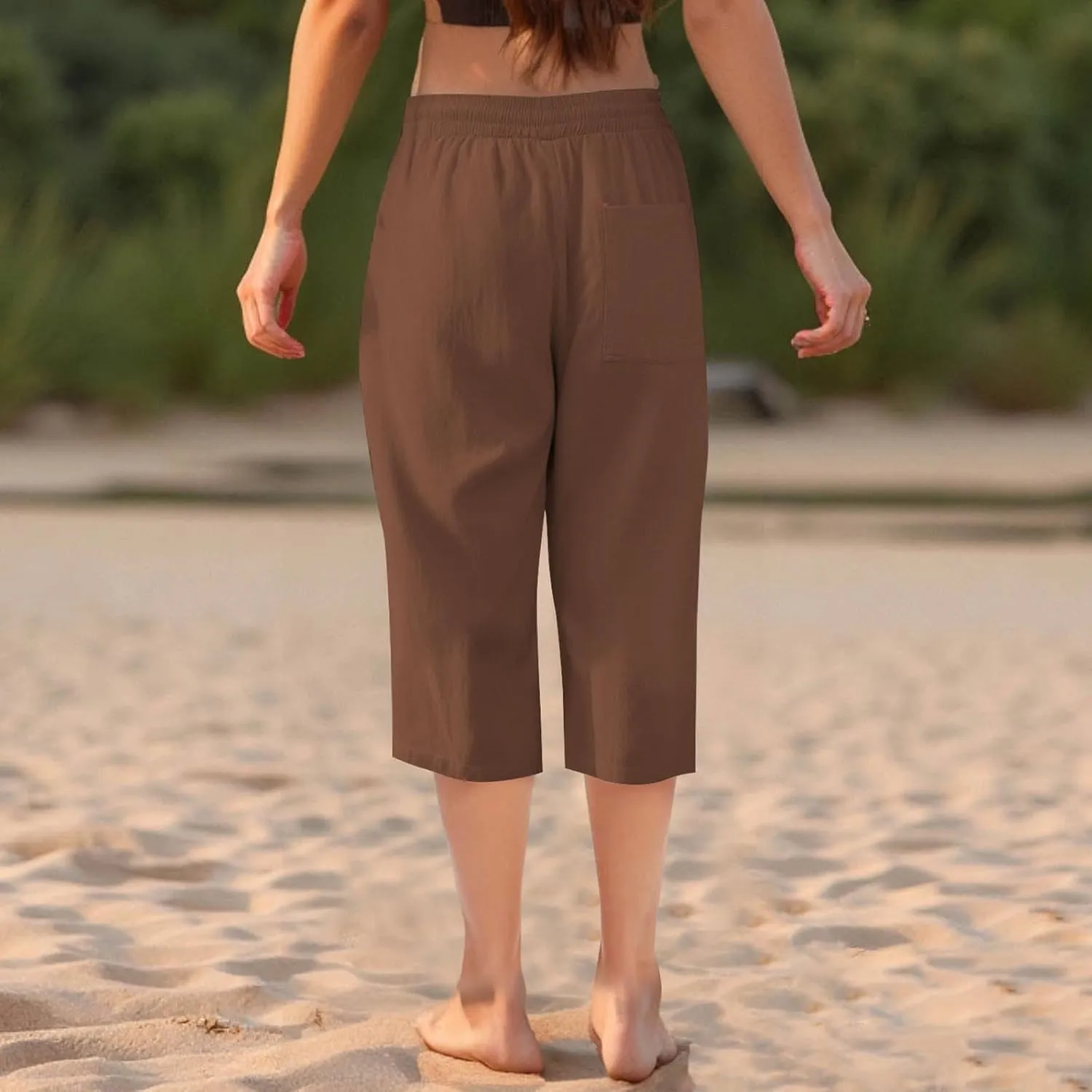 Womens Comfortable Capri Pants with Pockets and Drawstring Waist, Casual Loose Fit Cropped Cargo Trousers for Summer