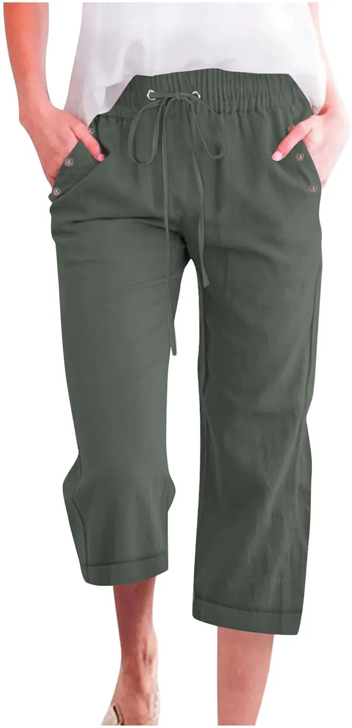 Womens Comfortable Capri Pants with Pockets and Drawstring Waist, Casual Loose Fit Cropped Cargo Trousers for Summer