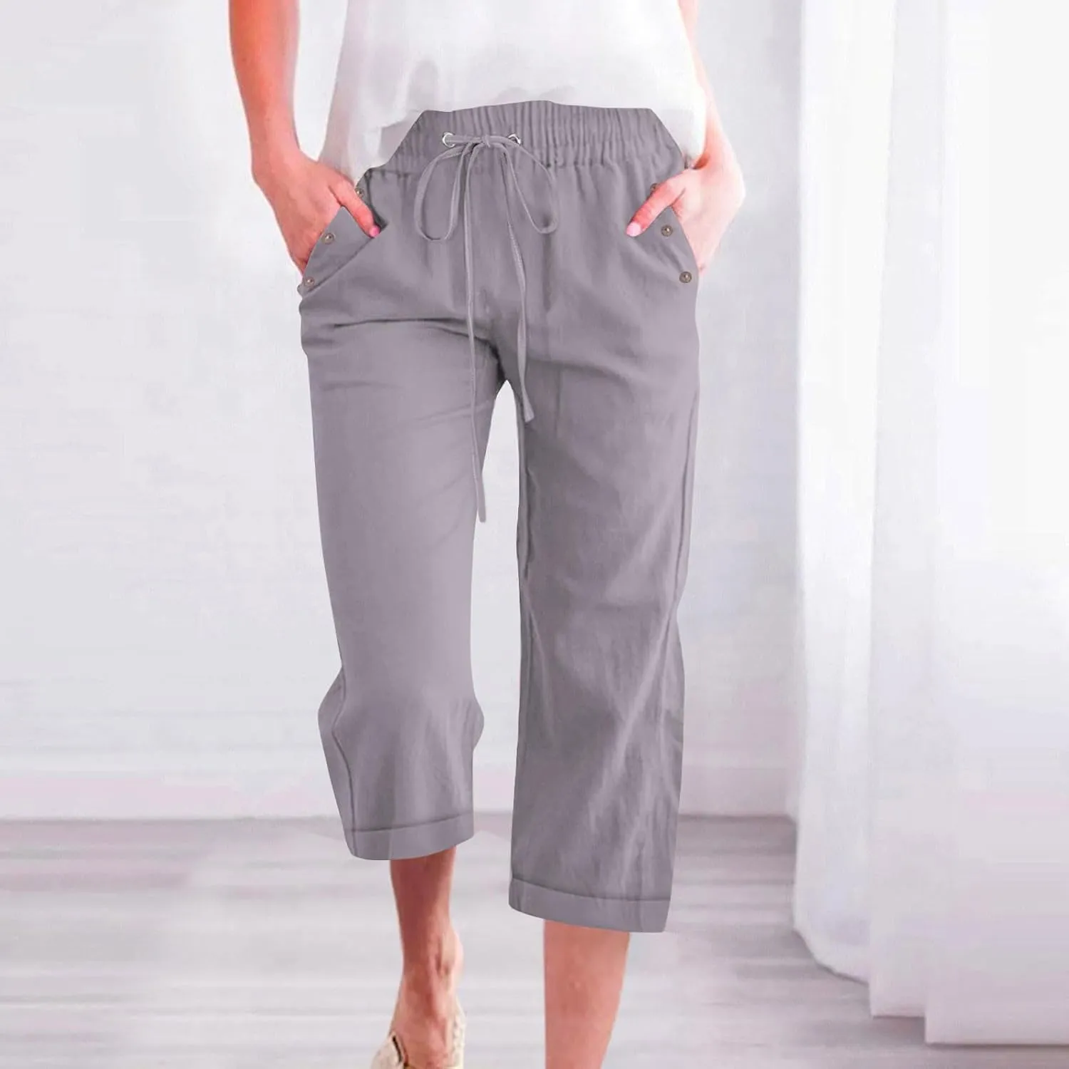 Womens Comfortable Capri Pants with Pockets and Drawstring Waist, Casual Loose Fit Cropped Cargo Trousers for Summer