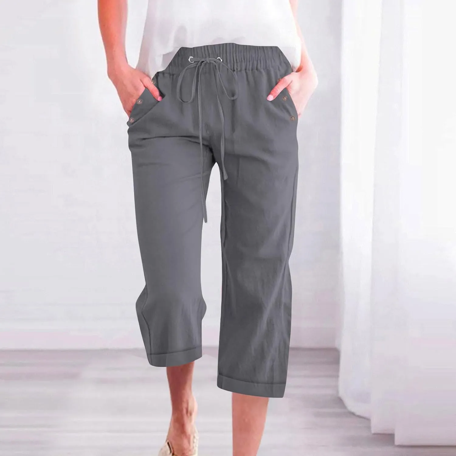 Womens Comfortable Capri Pants with Pockets and Drawstring Waist, Casual Loose Fit Cropped Cargo Trousers for Summer