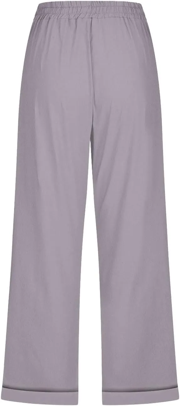 Womens Comfortable Capri Pants with Pockets and Drawstring Waist, Casual Loose Fit Cropped Cargo Trousers for Summer