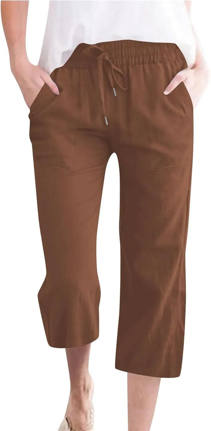 Womens Comfortable Capri Pants with Pockets and Drawstring Waist, Casual Loose Fit Cropped Cargo Trousers for Summer
