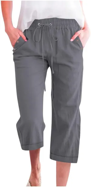 Womens Comfortable Capri Pants with Pockets and Drawstring Waist, Casual Loose Fit Cropped Cargo Trousers for Summer