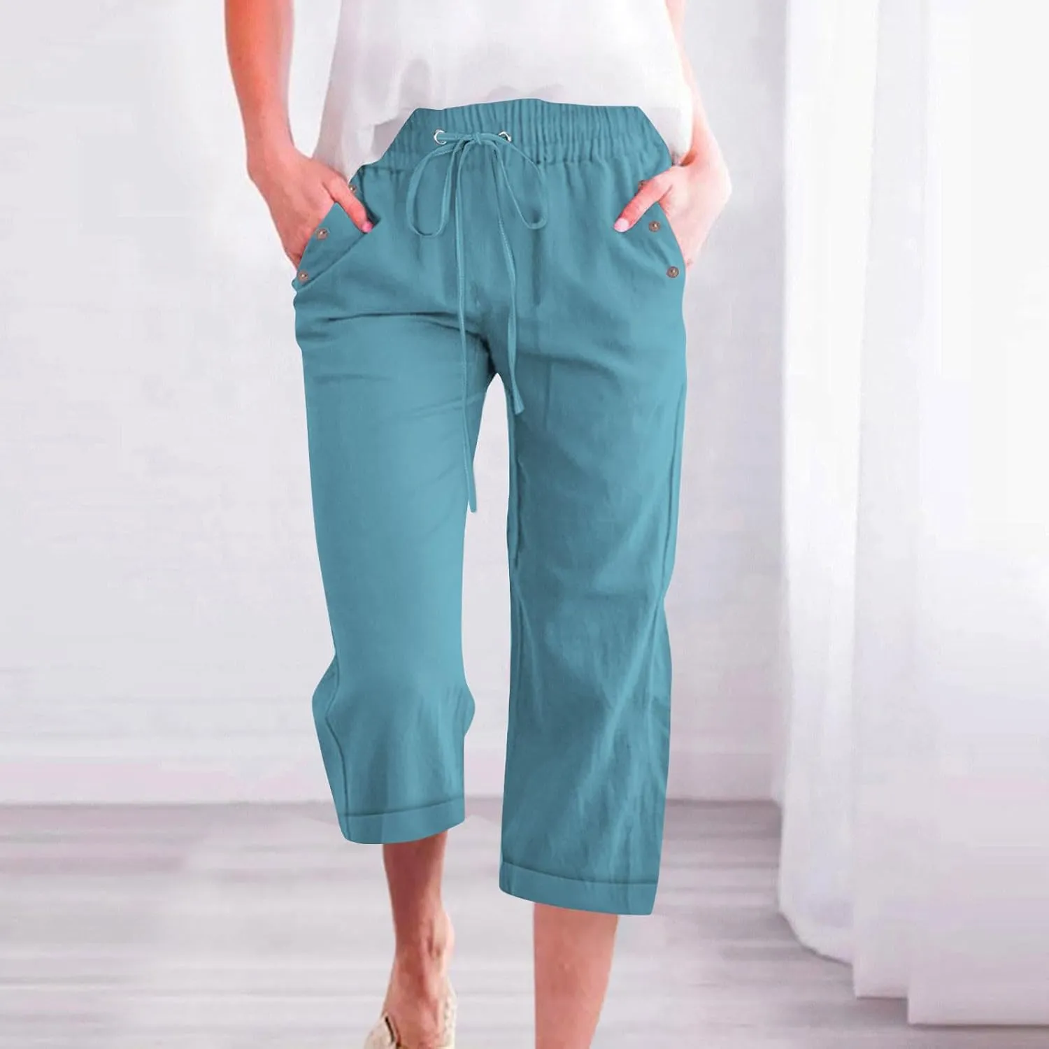 Womens Comfortable Capri Pants with Pockets and Drawstring Waist, Casual Loose Fit Cropped Cargo Trousers for Summer