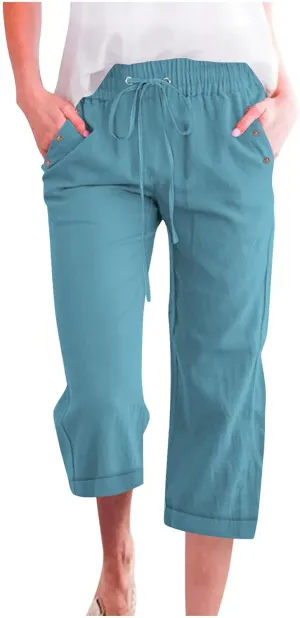 Womens Comfortable Capri Pants with Pockets and Drawstring Waist, Casual Loose Fit Cropped Cargo Trousers for Summer