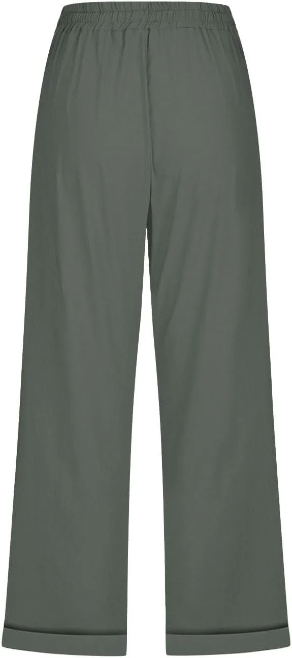 Womens Comfortable Capri Pants with Pockets and Drawstring Waist, Casual Loose Fit Cropped Cargo Trousers for Summer
