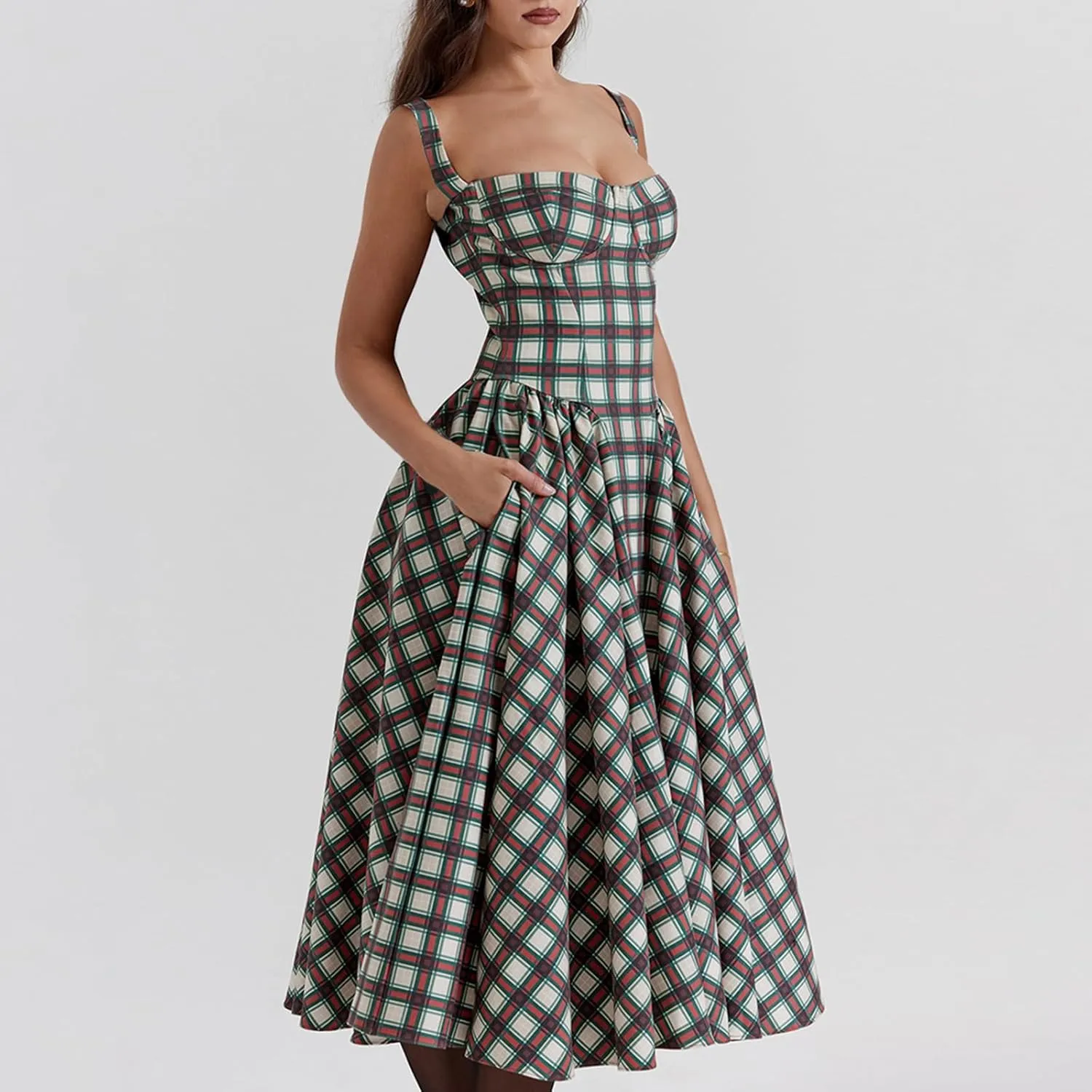 Womens Corset Dress Elegant Spaghetti Strap Midi Dress Flowy Pleated Hem Low Cut Prom Dresses Floral Bustier Dress