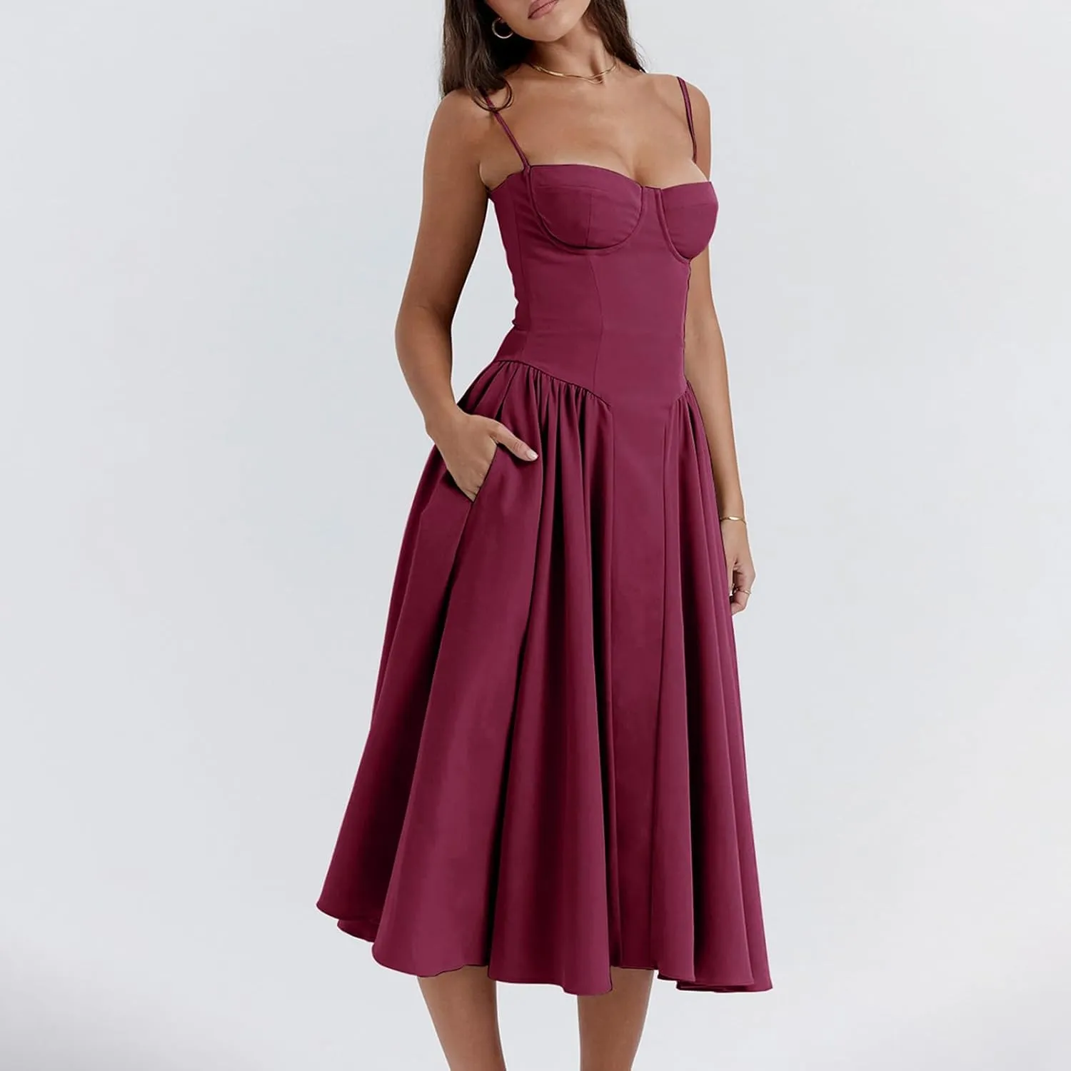 Womens Corset Dress Elegant Spaghetti Strap Midi Dress Flowy Pleated Hem Low Cut Prom Dresses Floral Bustier Dress