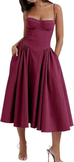 Womens Corset Dress Elegant Spaghetti Strap Midi Dress Flowy Pleated Hem Low Cut Prom Dresses Floral Bustier Dress