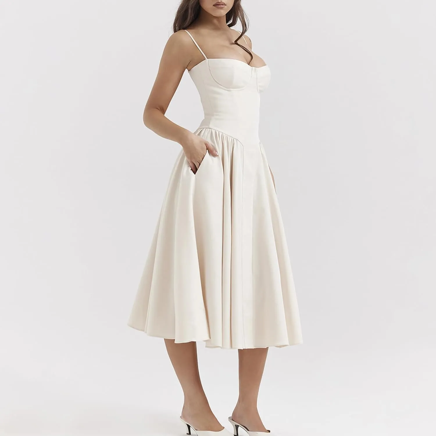 Womens Corset Dress Elegant Spaghetti Strap Midi Dress Flowy Pleated Hem Low Cut Prom Dresses Floral Bustier Dress