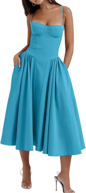 Womens Corset Dress Elegant Spaghetti Strap Midi Dress Flowy Pleated Hem Low Cut Prom Dresses Floral Bustier Dress