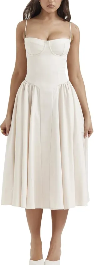Womens Corset Dress Elegant Spaghetti Strap Midi Dress Flowy Pleated Hem Low Cut Prom Dresses Floral Bustier Dress