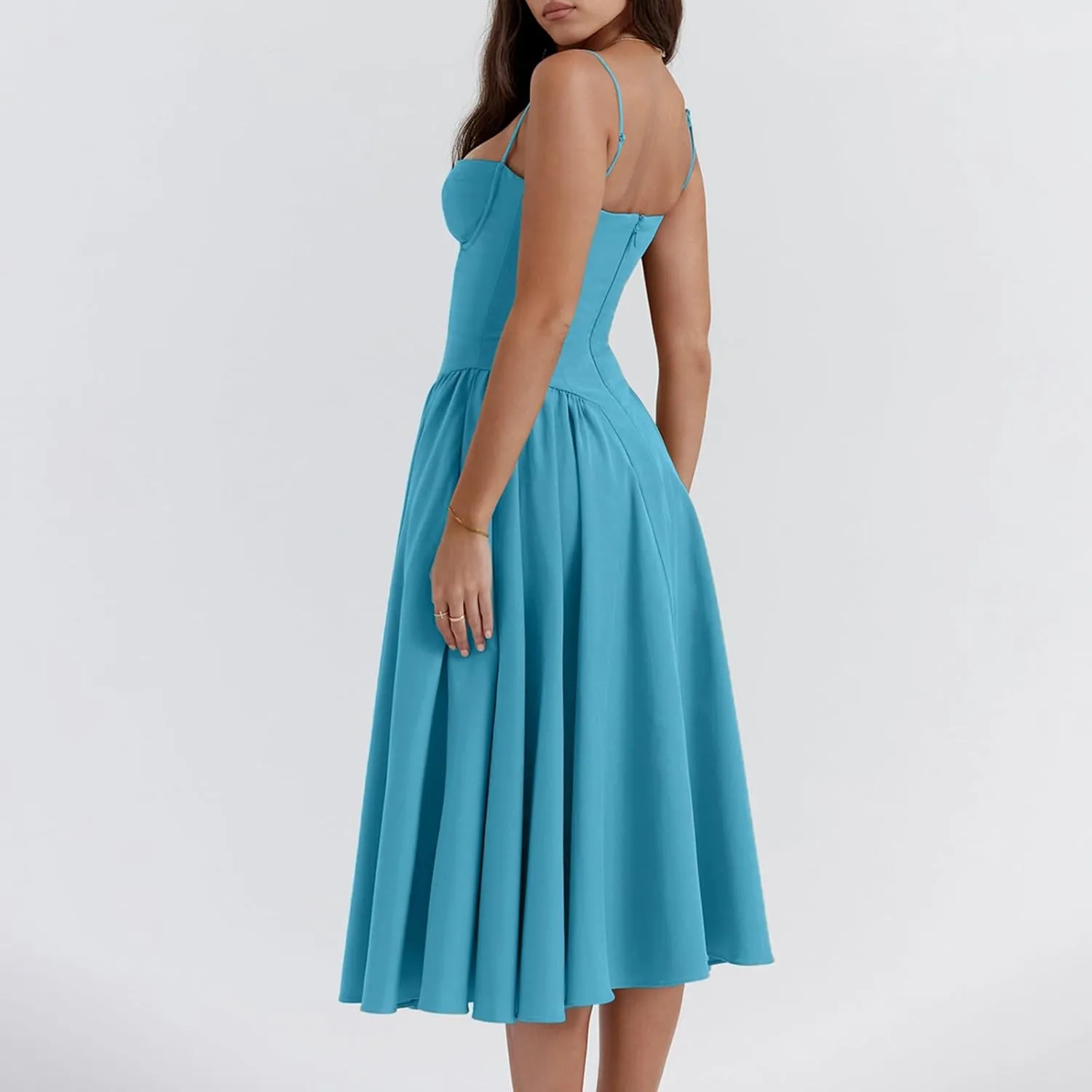 Womens Corset Dress Elegant Spaghetti Strap Midi Dress Flowy Pleated Hem Low Cut Prom Dresses Floral Bustier Dress