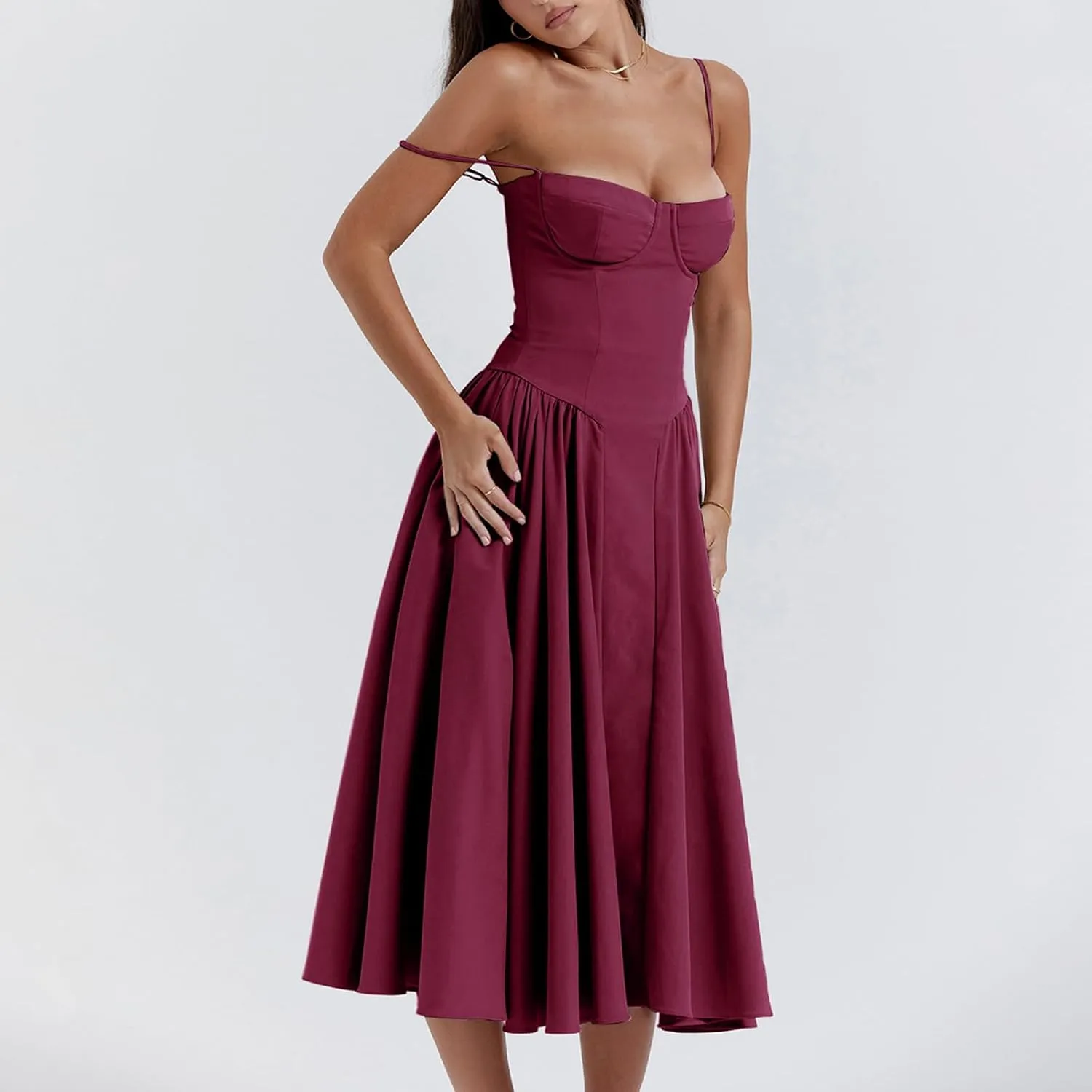Womens Corset Dress Elegant Spaghetti Strap Midi Dress Flowy Pleated Hem Low Cut Prom Dresses Floral Bustier Dress