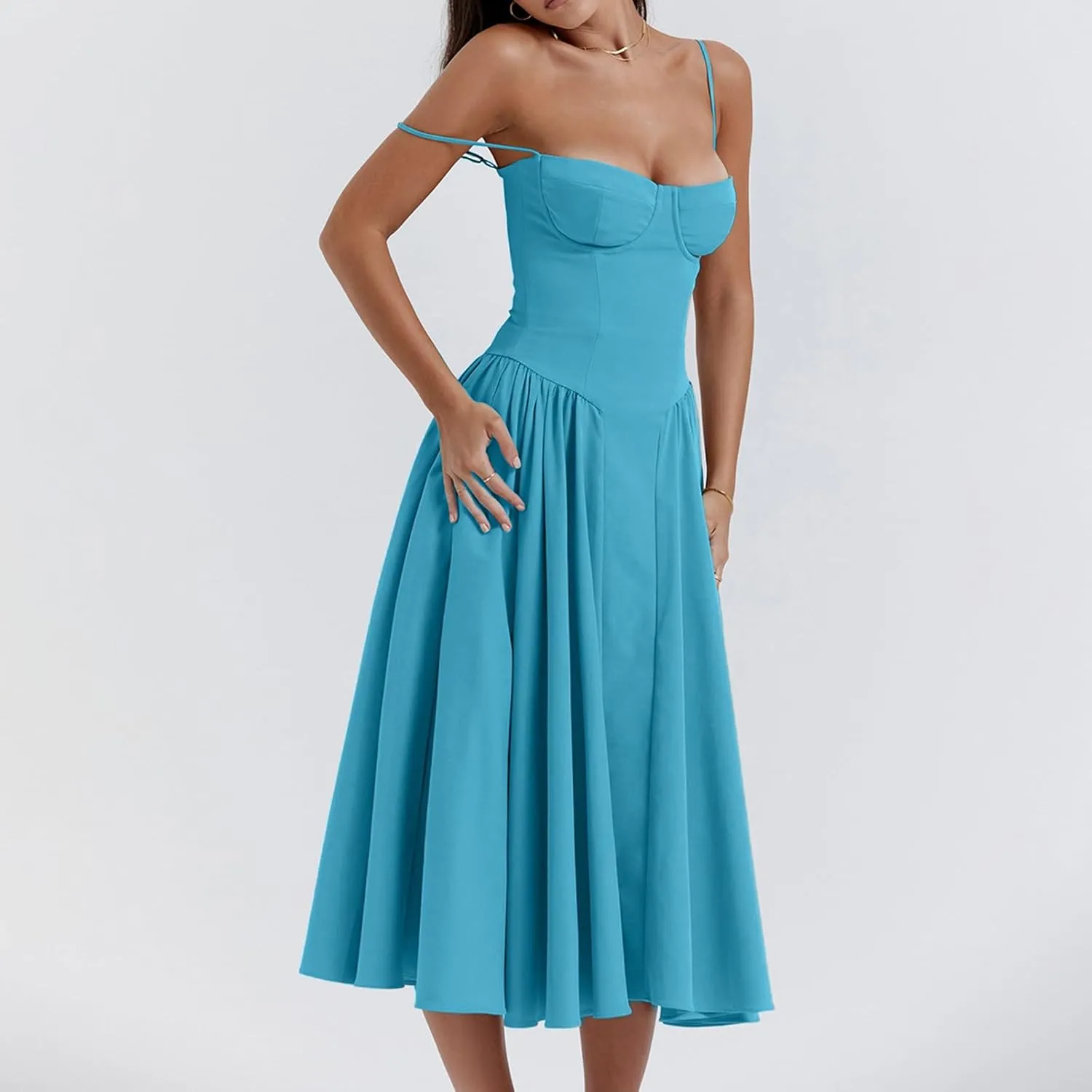Womens Corset Dress Elegant Spaghetti Strap Midi Dress Flowy Pleated Hem Low Cut Prom Dresses Floral Bustier Dress
