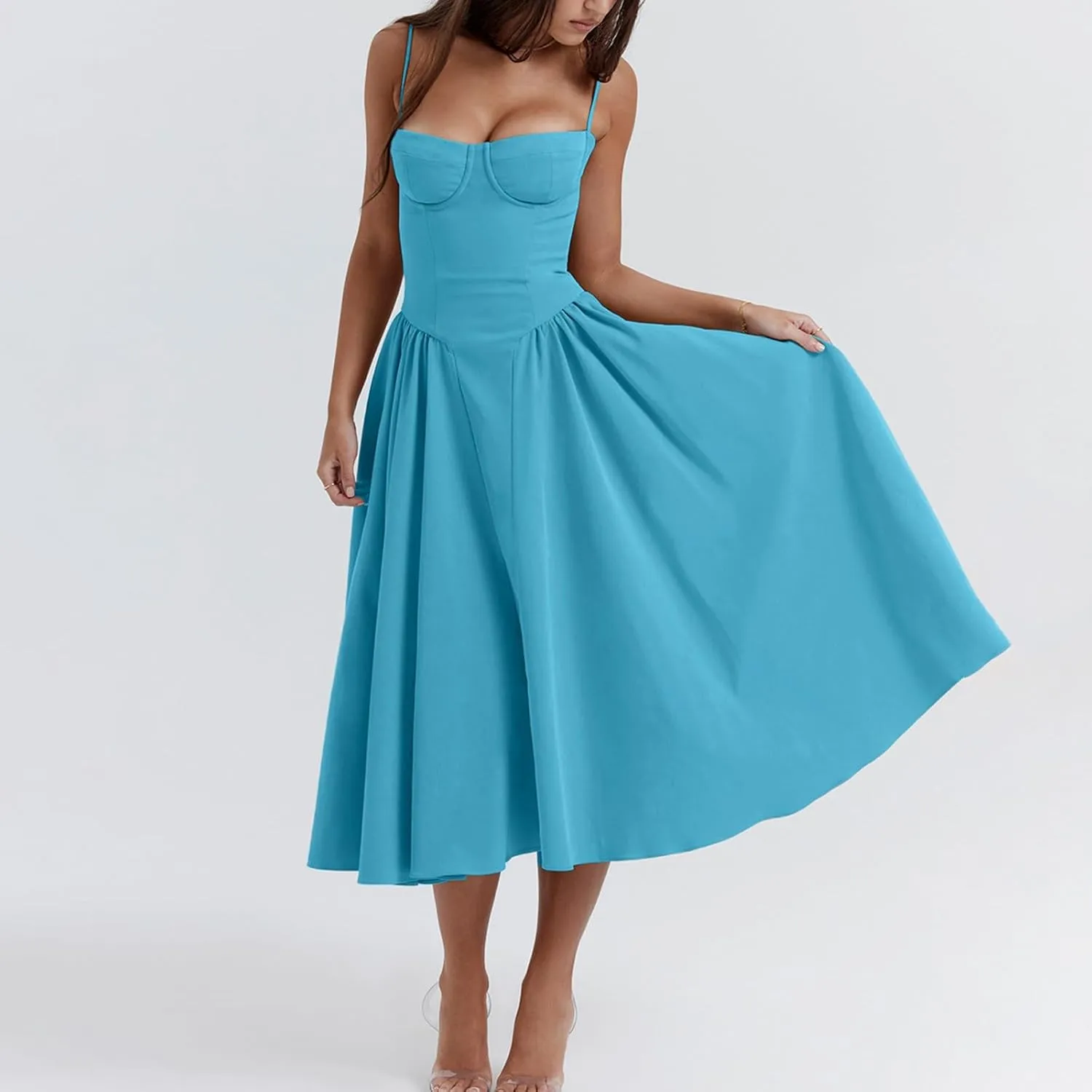 Womens Corset Dress Elegant Spaghetti Strap Midi Dress Flowy Pleated Hem Low Cut Prom Dresses Floral Bustier Dress