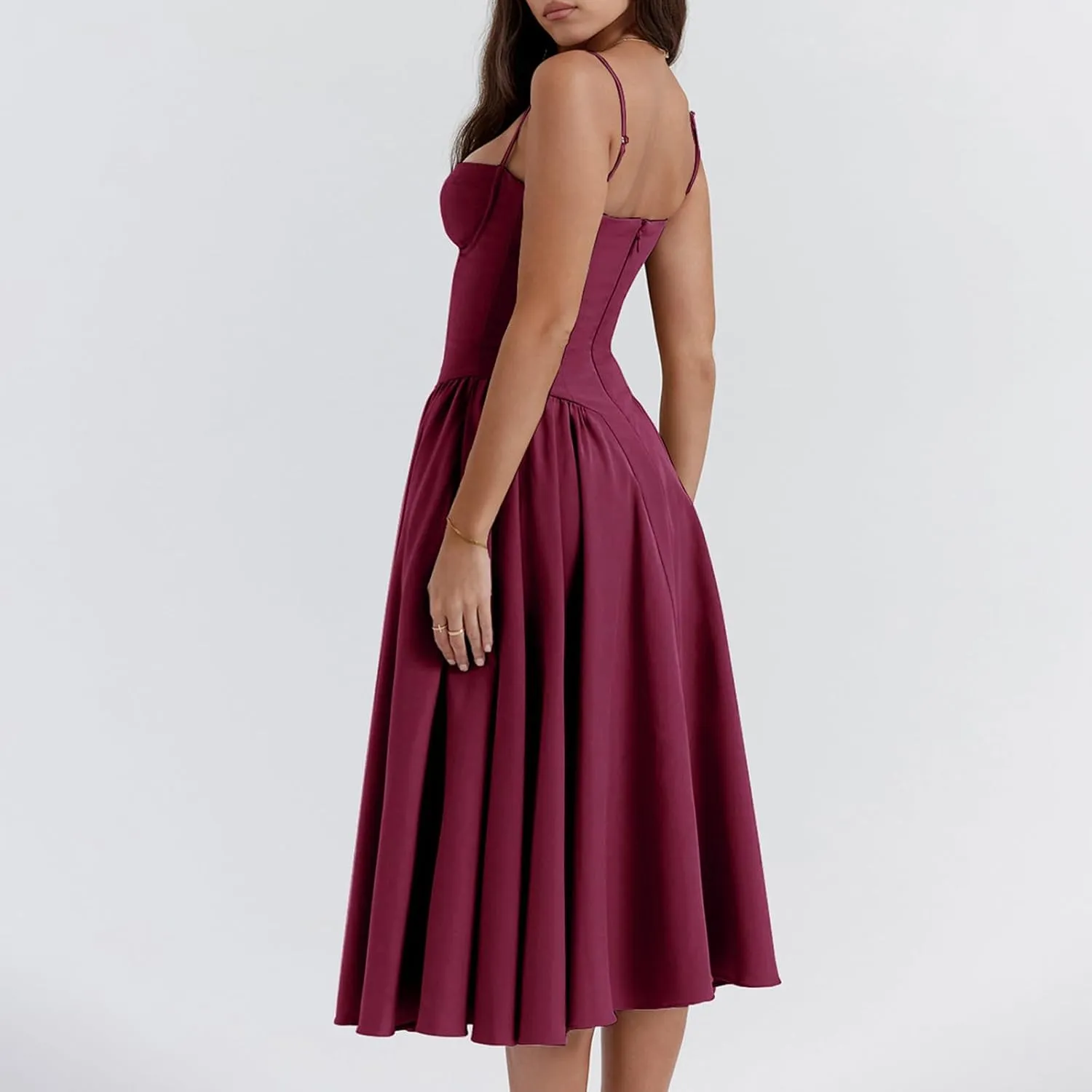 Womens Corset Dress Elegant Spaghetti Strap Midi Dress Flowy Pleated Hem Low Cut Prom Dresses Floral Bustier Dress