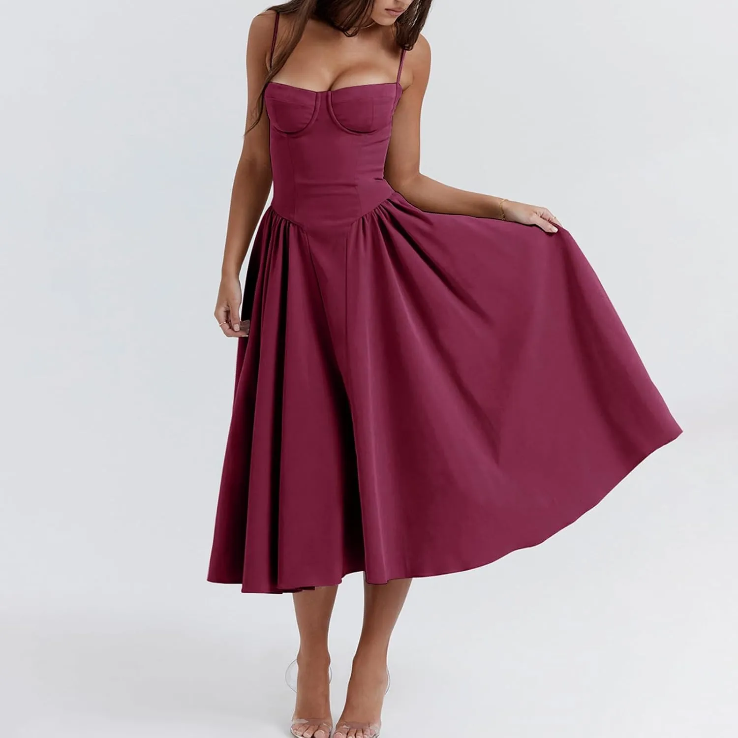 Womens Corset Dress Elegant Spaghetti Strap Midi Dress Flowy Pleated Hem Low Cut Prom Dresses Floral Bustier Dress