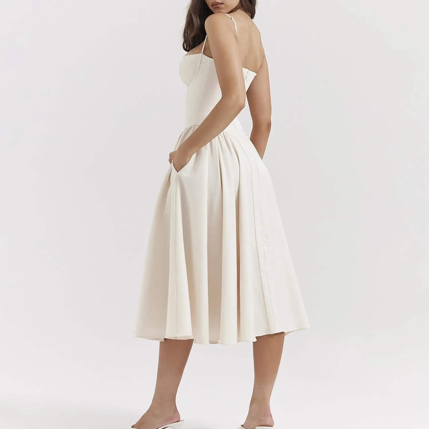 Womens Corset Dress Elegant Spaghetti Strap Midi Dress Flowy Pleated Hem Low Cut Prom Dresses Floral Bustier Dress