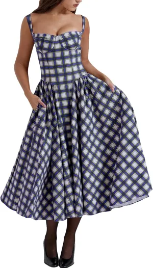 Womens Corset Dress Elegant Spaghetti Strap Midi Dress Flowy Pleated Hem Low Cut Prom Dresses Floral Bustier Dress