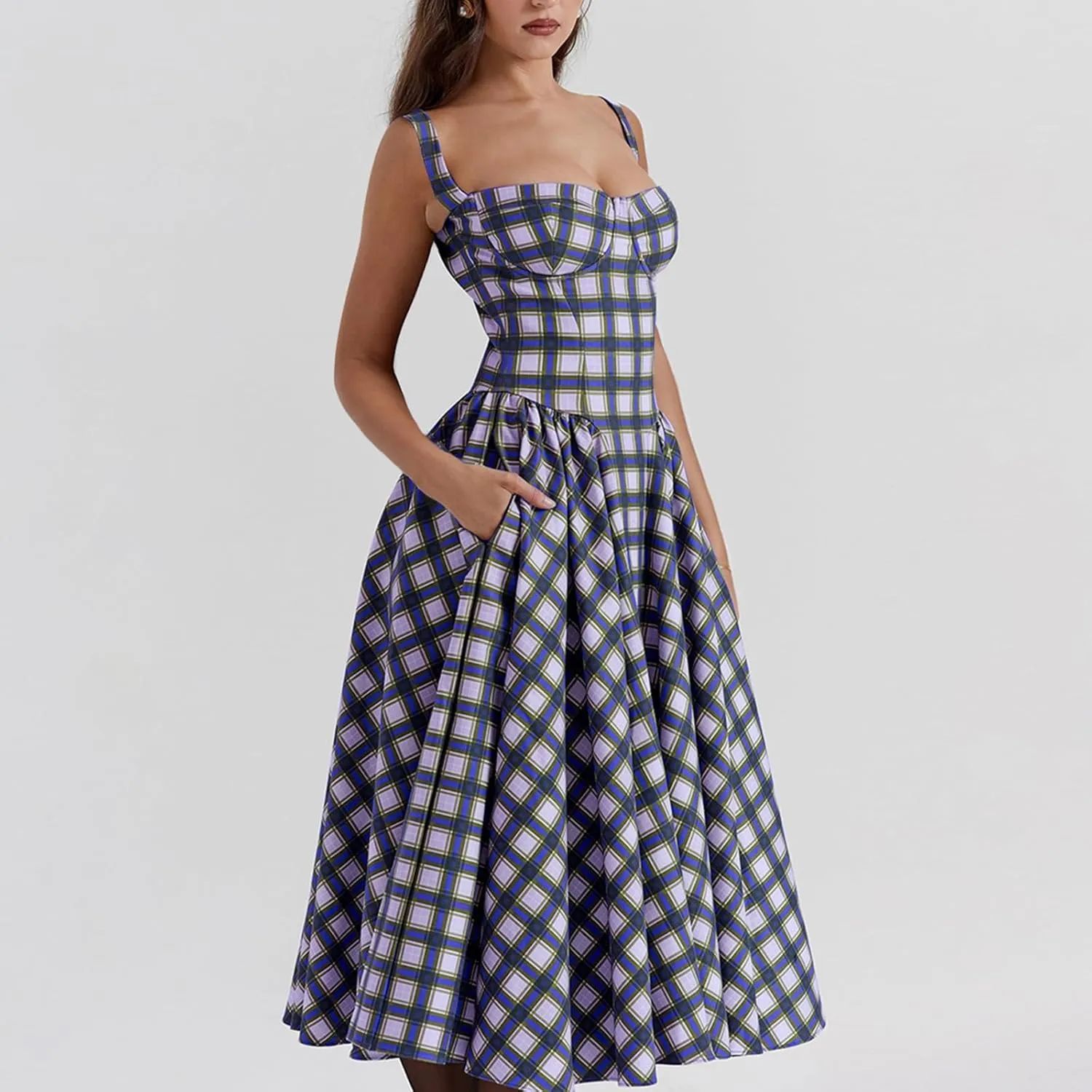 Womens Corset Dress Elegant Spaghetti Strap Midi Dress Flowy Pleated Hem Low Cut Prom Dresses Floral Bustier Dress