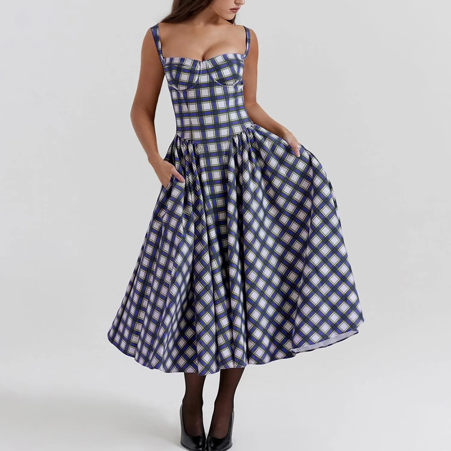 Womens Corset Dress Elegant Spaghetti Strap Midi Dress Flowy Pleated Hem Low Cut Prom Dresses Floral Bustier Dress