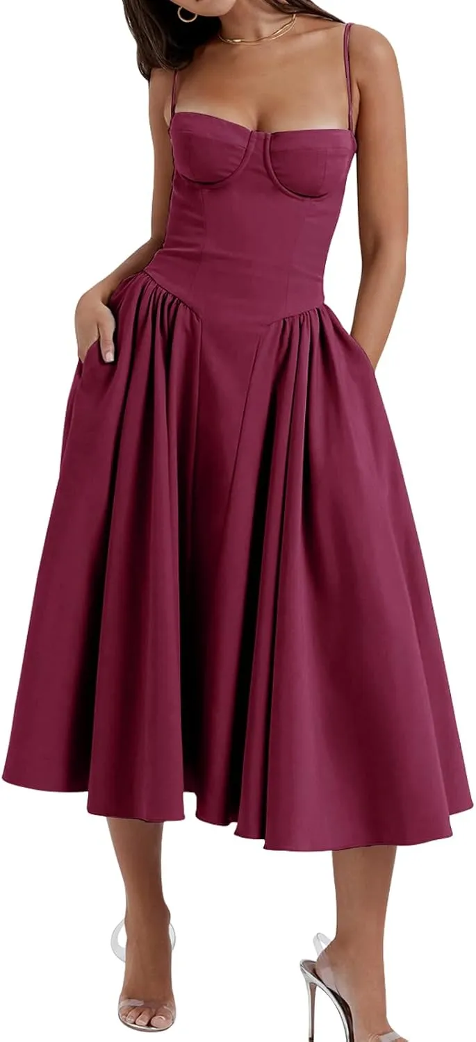 Womens Corset Dress Elegant Spaghetti Strap Midi Dress Flowy Pleated Hem Low Cut Prom Dresses Floral Bustier Dress
