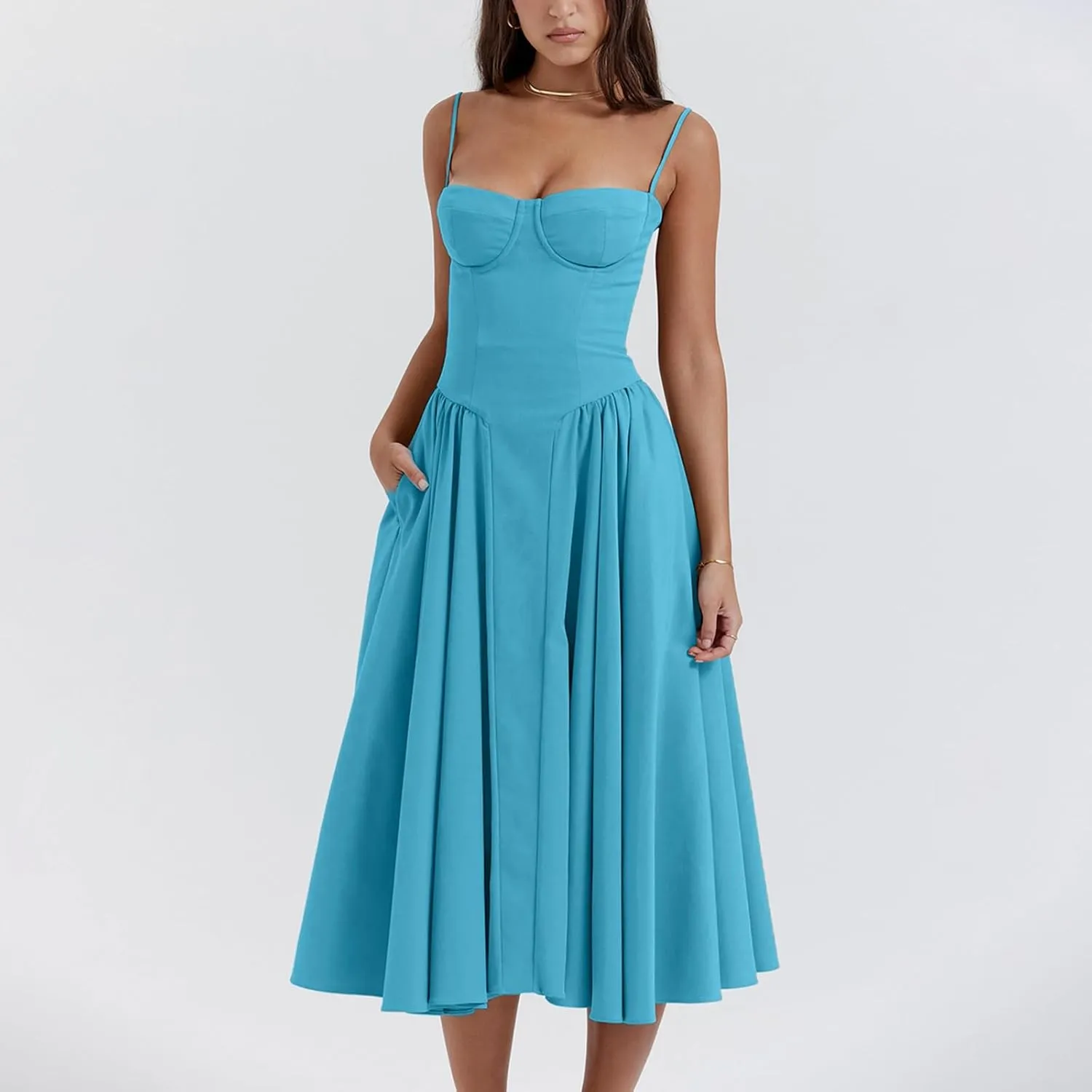 Womens Corset Dress Elegant Spaghetti Strap Midi Dress Flowy Pleated Hem Low Cut Prom Dresses Floral Bustier Dress