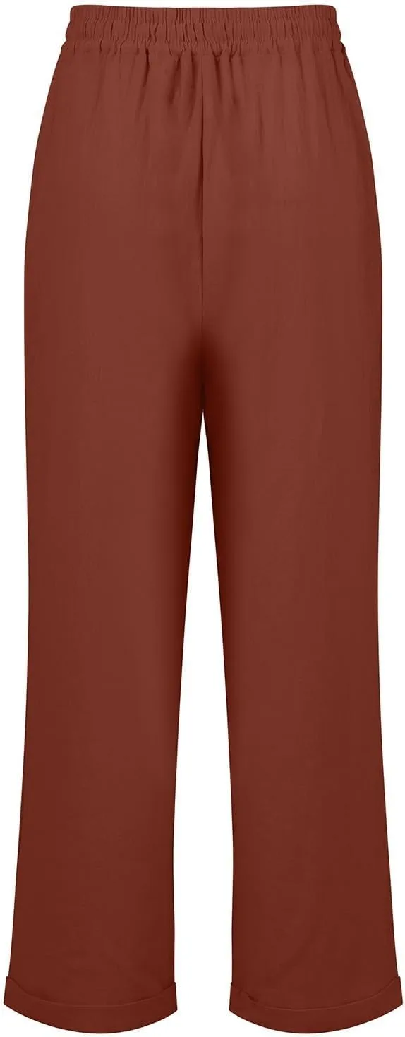 Womens Cotton Linen Cropped Pants 2025 Summer Lounge High Waisted Stretch Capris Drawstring Trousers with Pocket