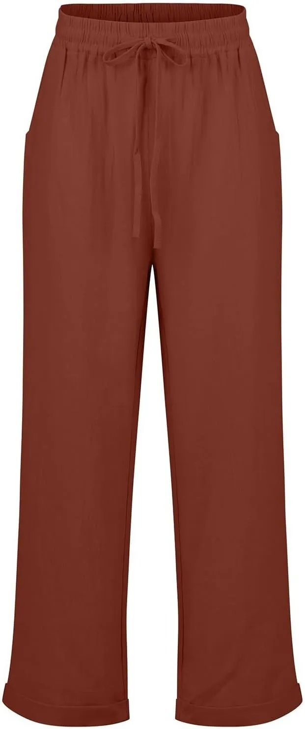 Womens Cotton Linen Cropped Pants 2025 Summer Lounge High Waisted Stretch Capris Drawstring Trousers with Pocket