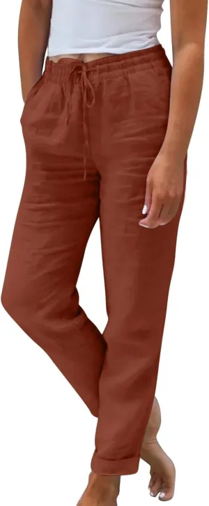 Womens Cotton Linen Cropped Pants 2025 Summer Lounge High Waisted Stretch Capris Drawstring Trousers with Pocket