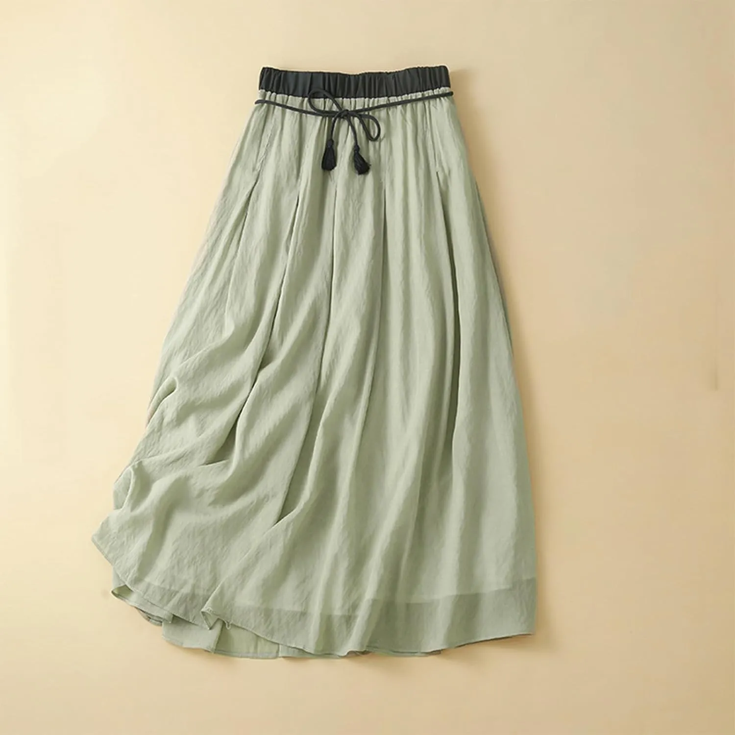 Women's Cotton Linen Skirts Drawstring High Waist Skirts Plain Layered A-Line Flared Flowy Midi Long Skirts